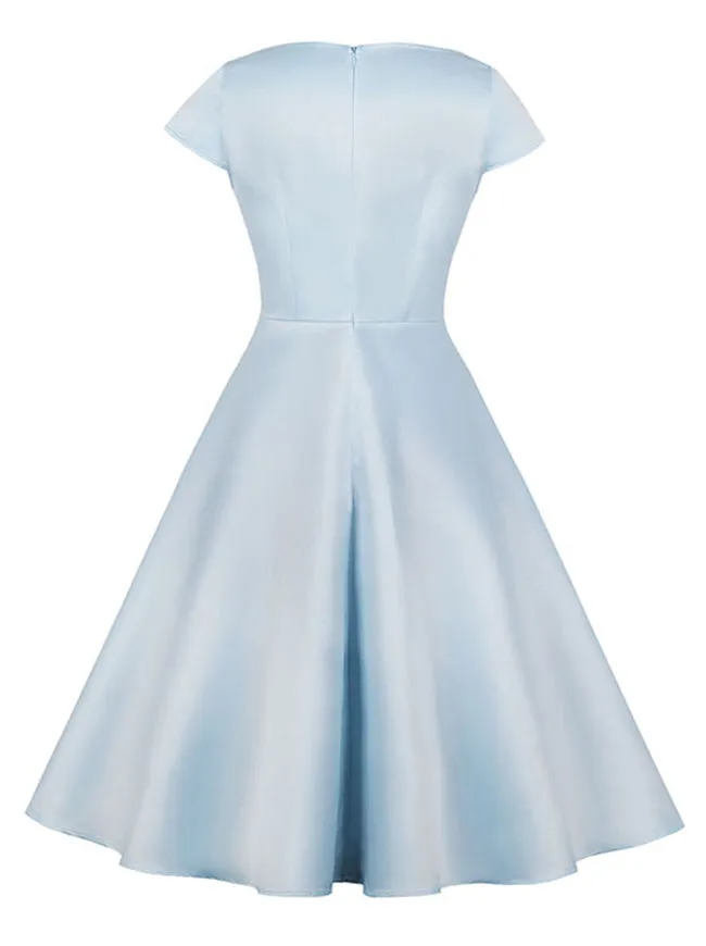 1950s Retro Vintage Boat Neck Cocktail Swing Dress Cap-Sleeve
