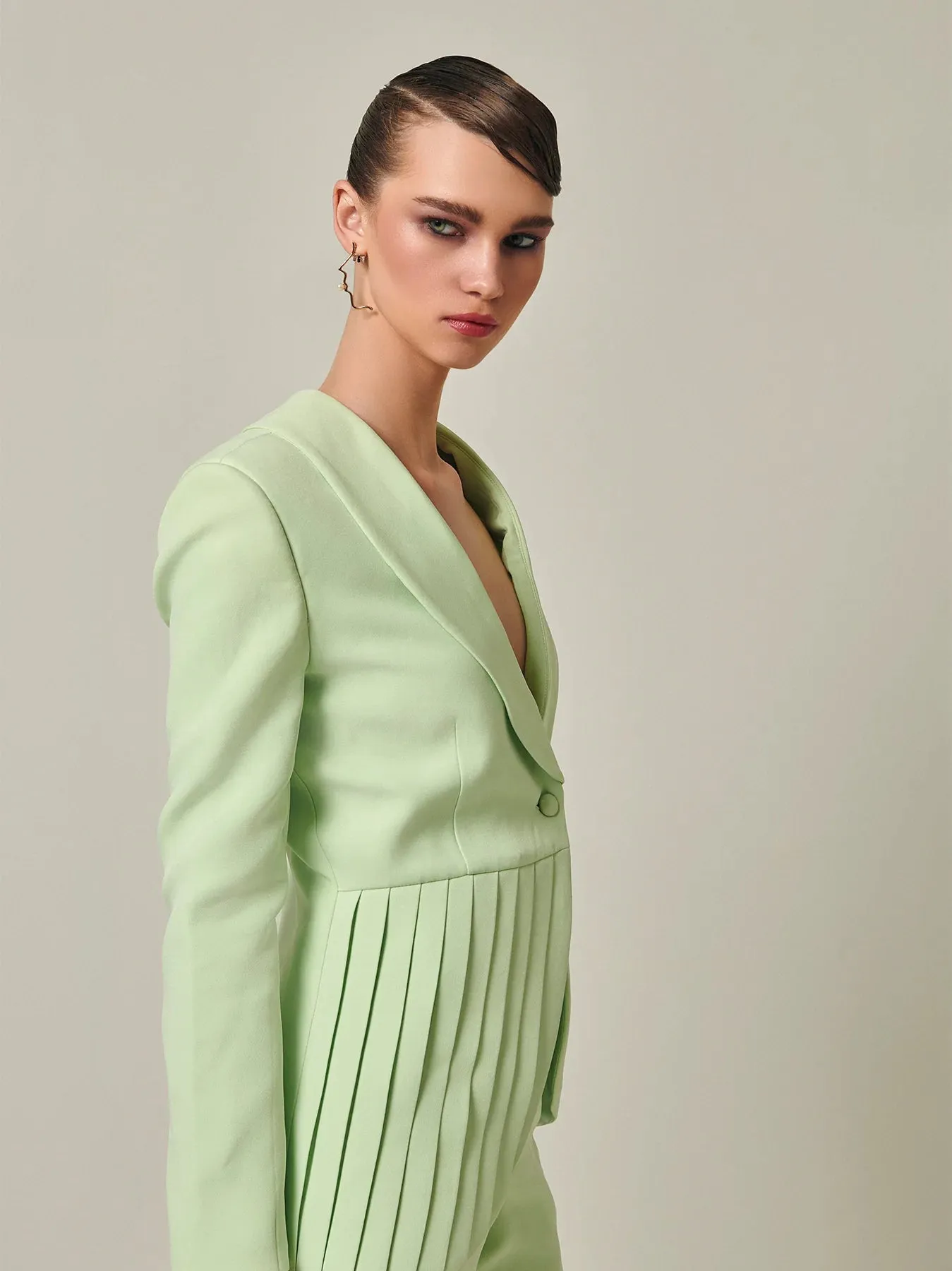 Asymmetrical Pleated summer green Blazer Pant Suit