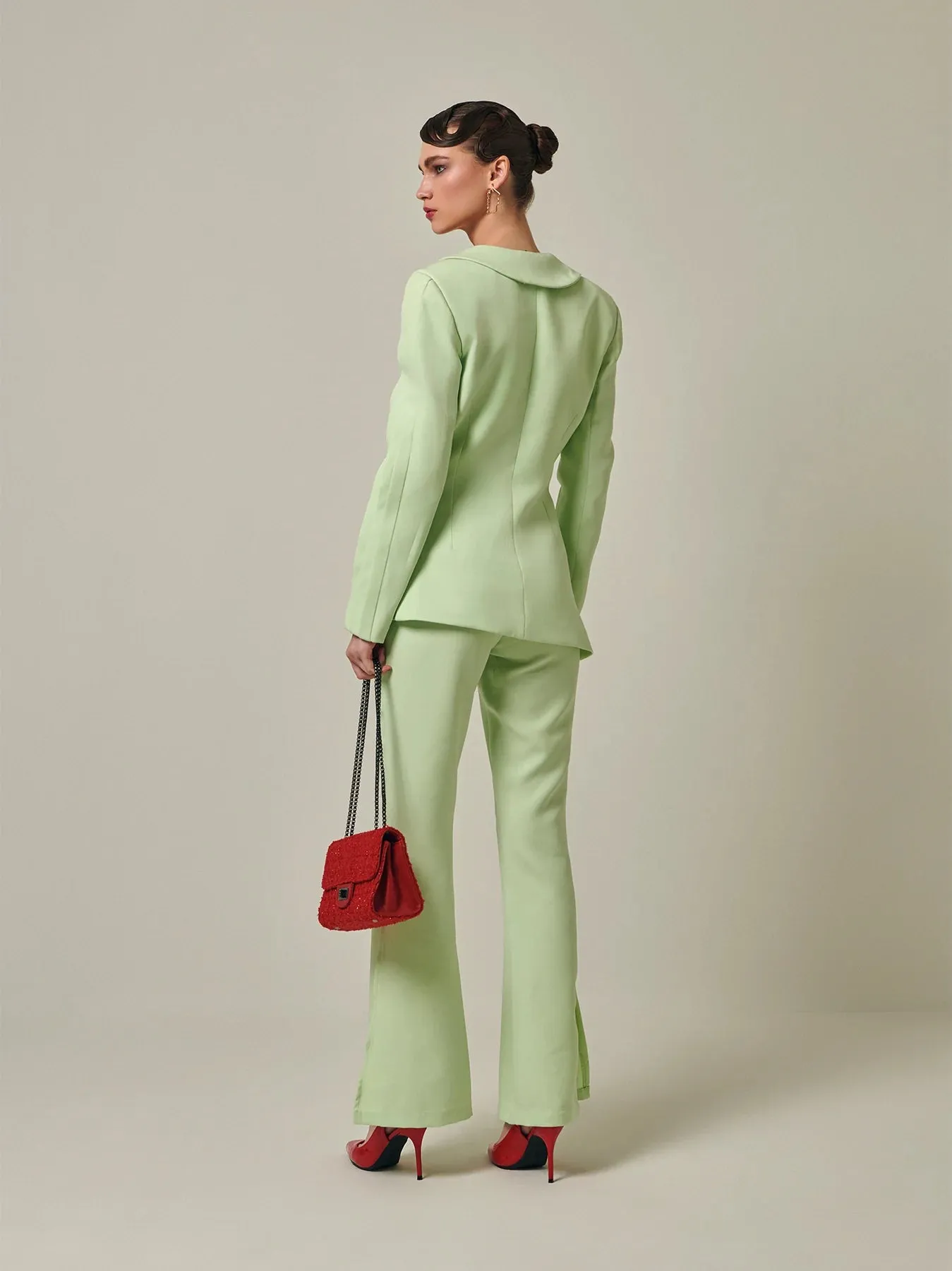 Asymmetrical Pleated summer green Blazer Pant Suit