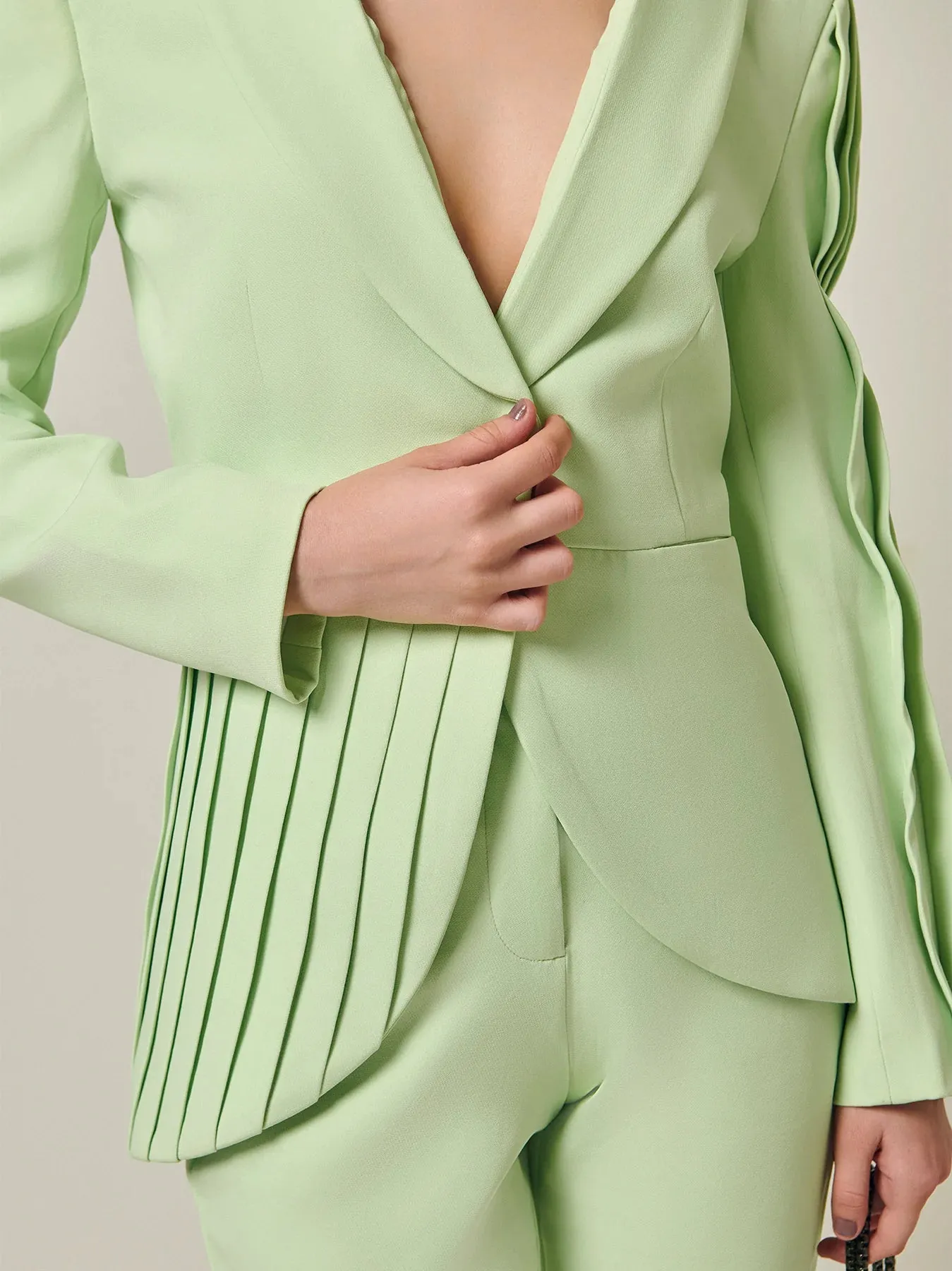 Asymmetrical Pleated summer green Blazer Pant Suit