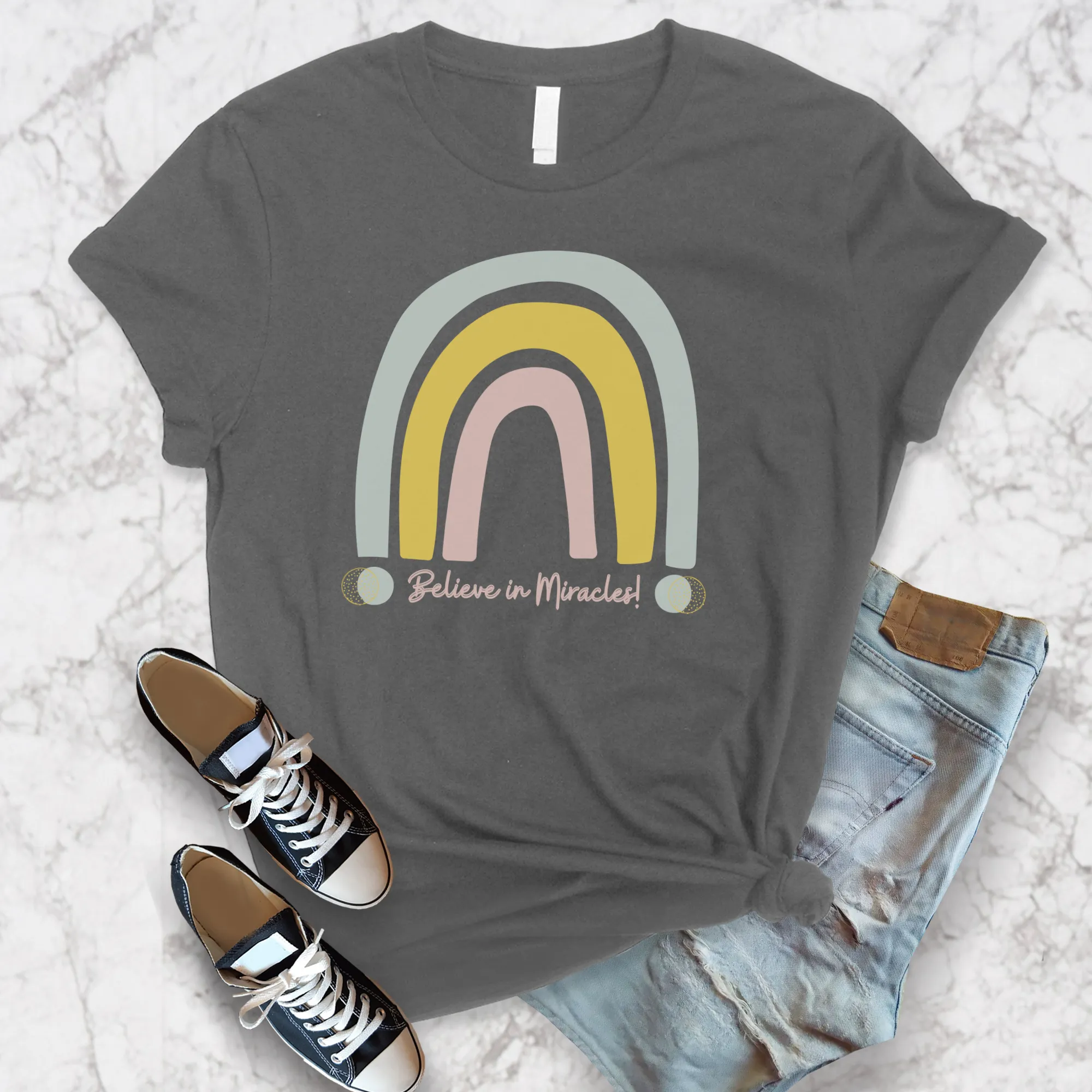 Believe in Miracles Trendy Boho Rainbow Unisex Jersey Short Sleeve Tee Small-3XL
