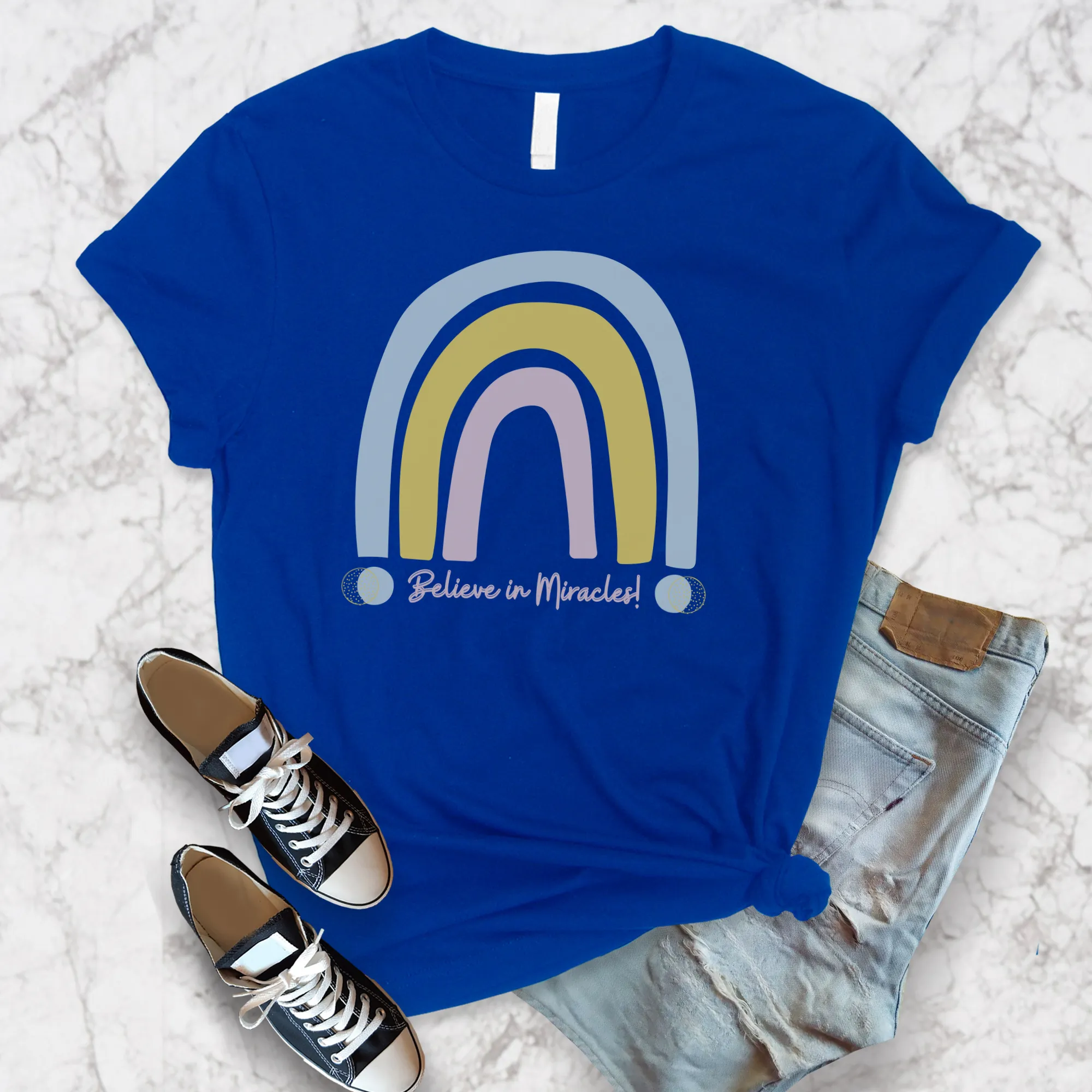 Believe in Miracles Trendy Boho Rainbow Unisex Jersey Short Sleeve Tee Small-3XL