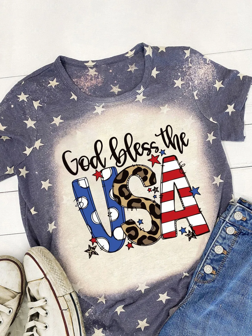 Bleached Stars Graphic Tee Celebrating America's Spirit