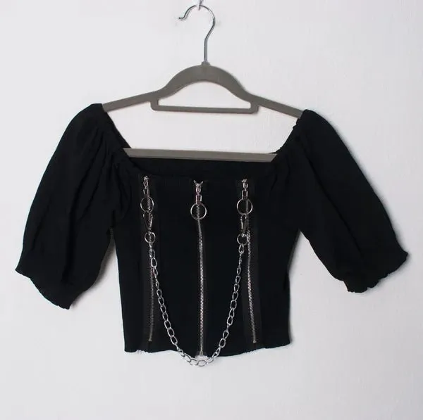 Chain Reaction - Off-Shoulder Black Blouse with Edgy Chains