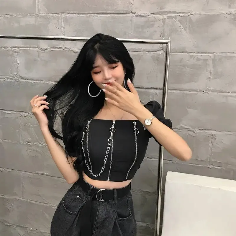 Chain Reaction - Off-Shoulder Black Blouse with Edgy Chains
