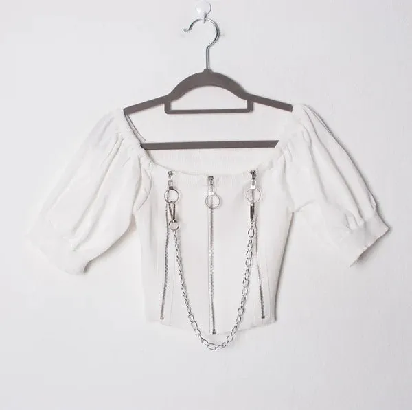 Chain Reaction - Off-Shoulder Black Blouse with Edgy Chains