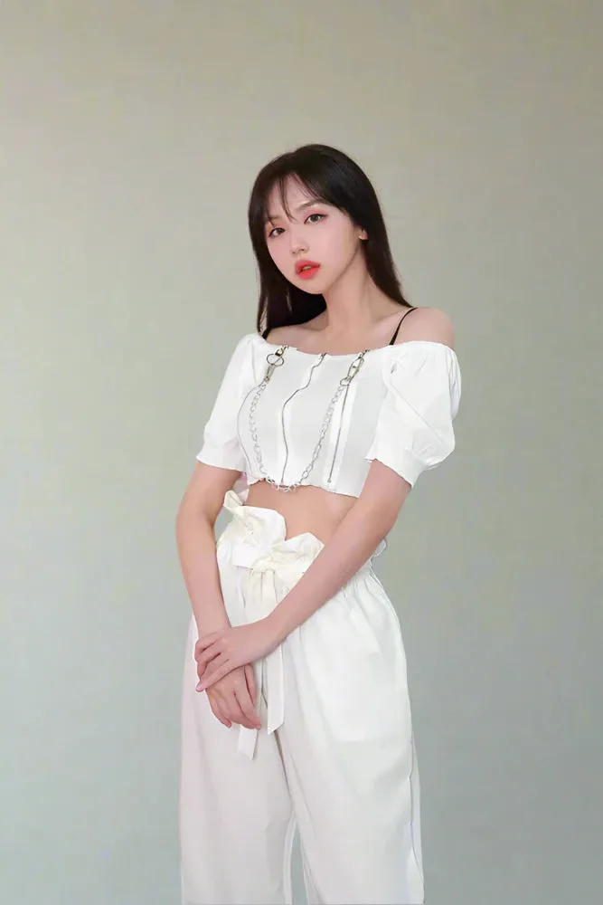 Chain Reaction - Off-Shoulder Black Blouse with Edgy Chains