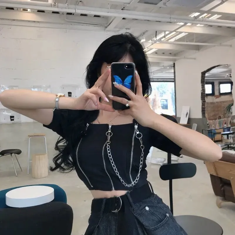 Chain Reaction - Off-Shoulder Black Blouse with Edgy Chains