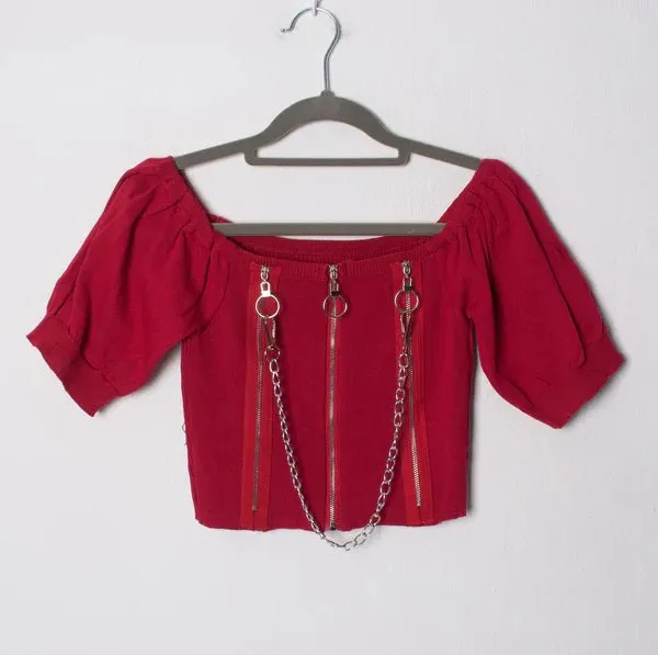 Chain Reaction - Off-Shoulder Black Blouse with Edgy Chains
