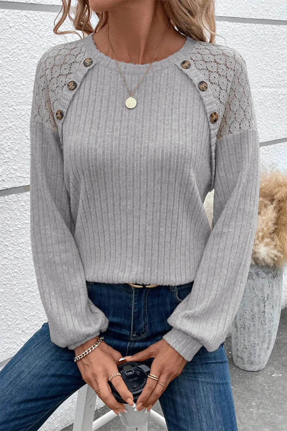 Contrast Lace Raglan Sleeve Buttoned Ribbed Top