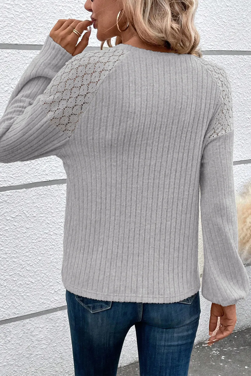 Contrast Lace Raglan Sleeve Buttoned Ribbed Top