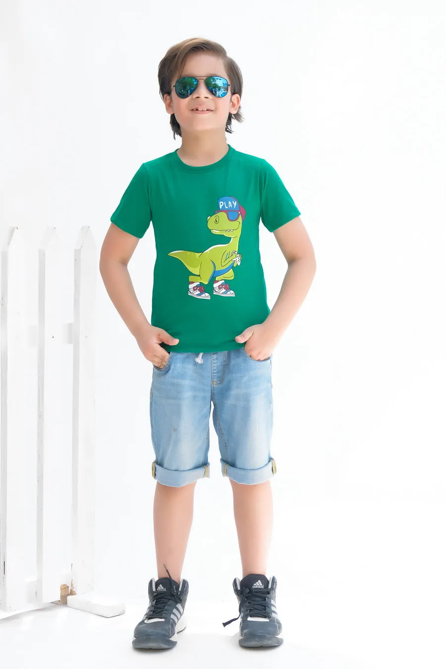 Cool Dino - Half sleeves T-shirts For Kids - Green - SBT-339