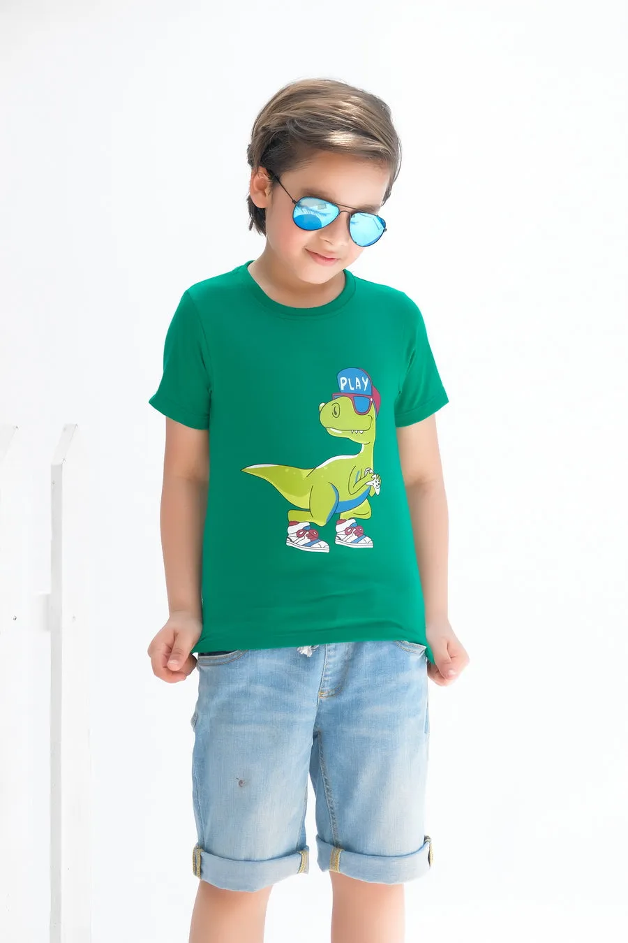 Cool Dino - Half sleeves T-shirts For Kids - Green - SBT-339