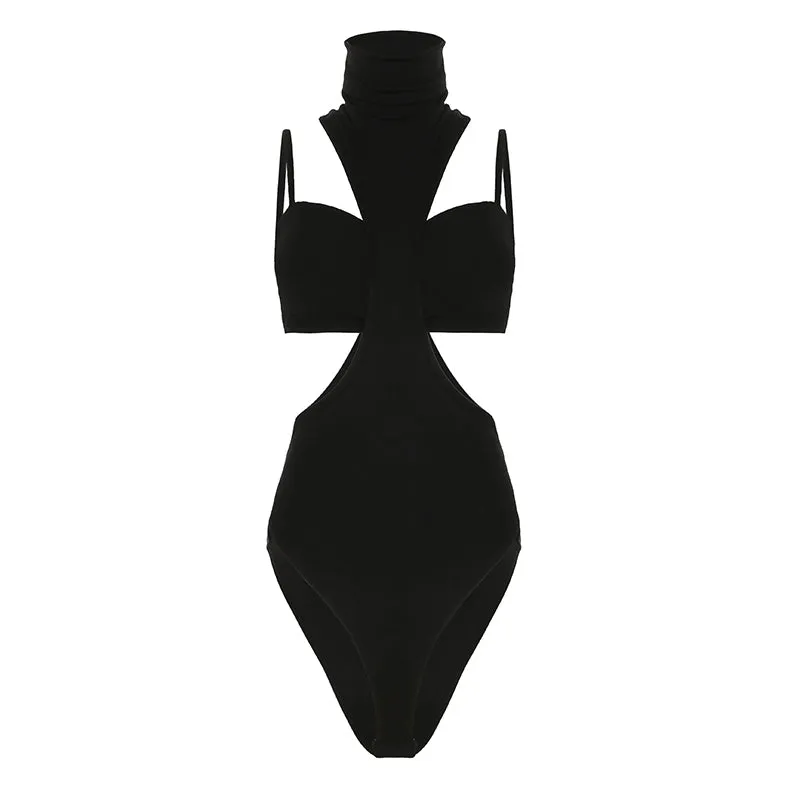 Cutout Turtleneck Backless Bodysuit with Bra Top Set