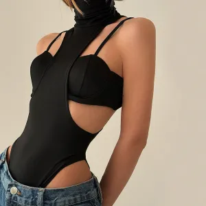 Cutout Turtleneck Backless Bodysuit with Bra Top Set