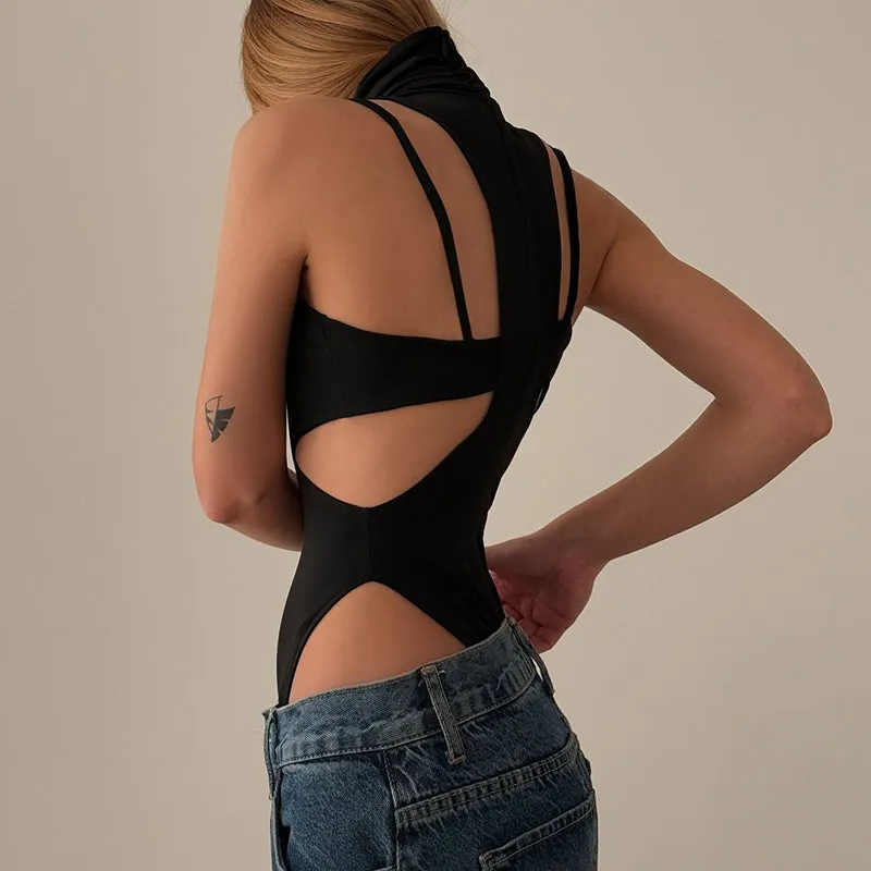 Cutout Turtleneck Backless Bodysuit with Bra Top Set