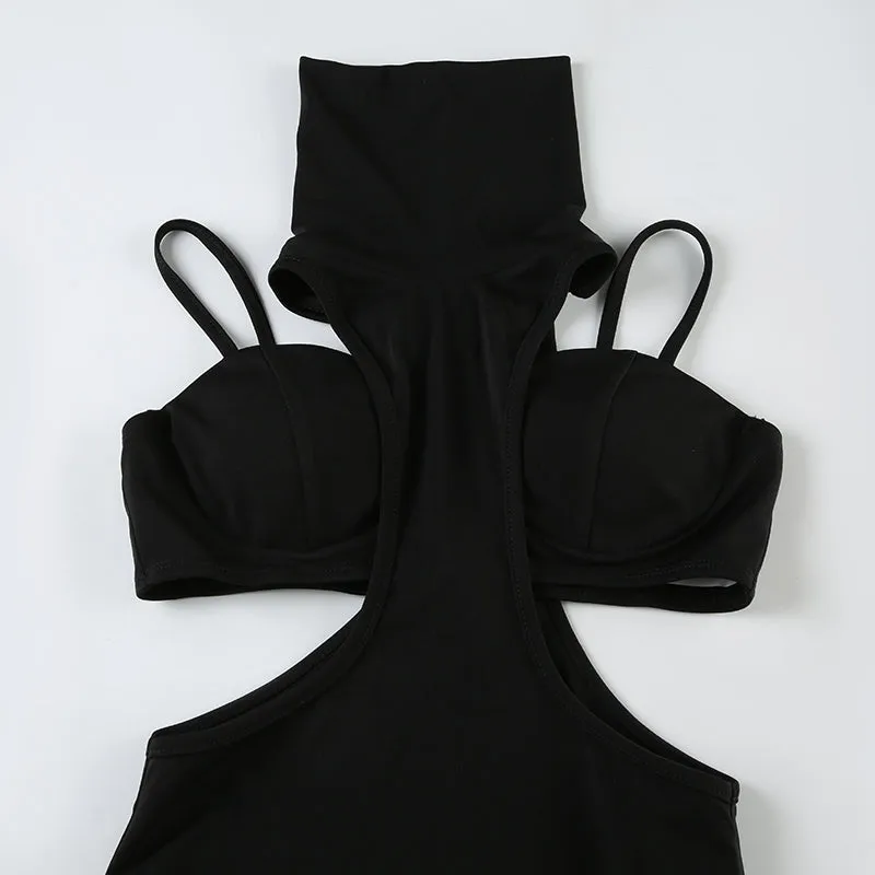 Cutout Turtleneck Backless Bodysuit with Bra Top Set