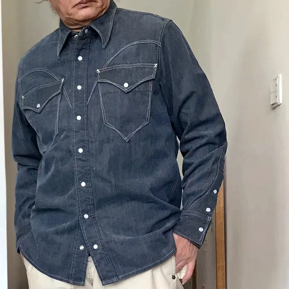 DDL 312R-KALEB V-GB REGULAR FIT 2 POCKET WESTERN SHIRT SANDED GREY BLUE DENIM-11OZ-E1 GREY BLUE