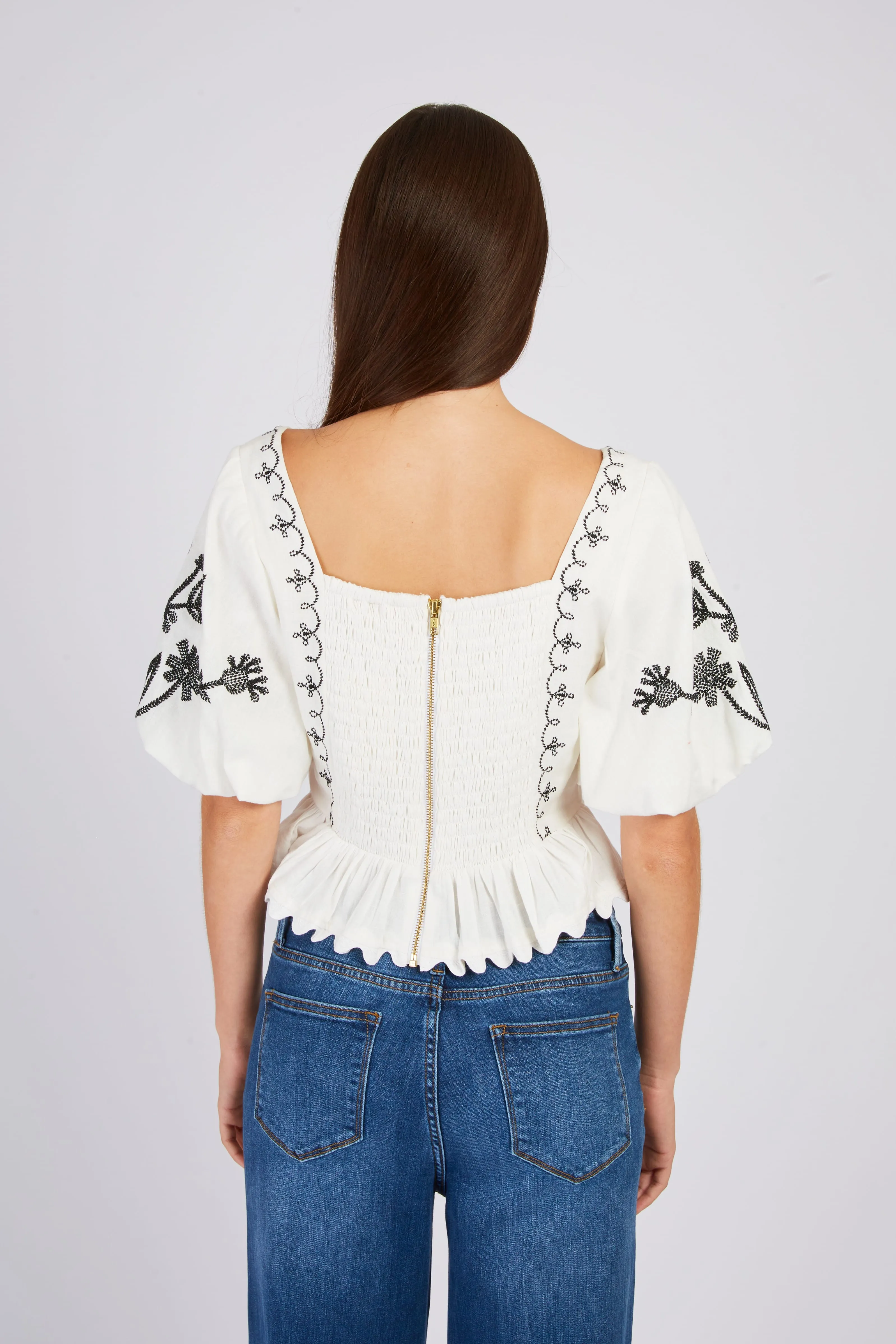 Dehry Short Sleeve Embroidered Boho Gypsy Top - White
