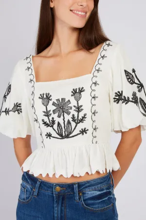 Dehry Short Sleeve Embroidered Boho Gypsy Top - White