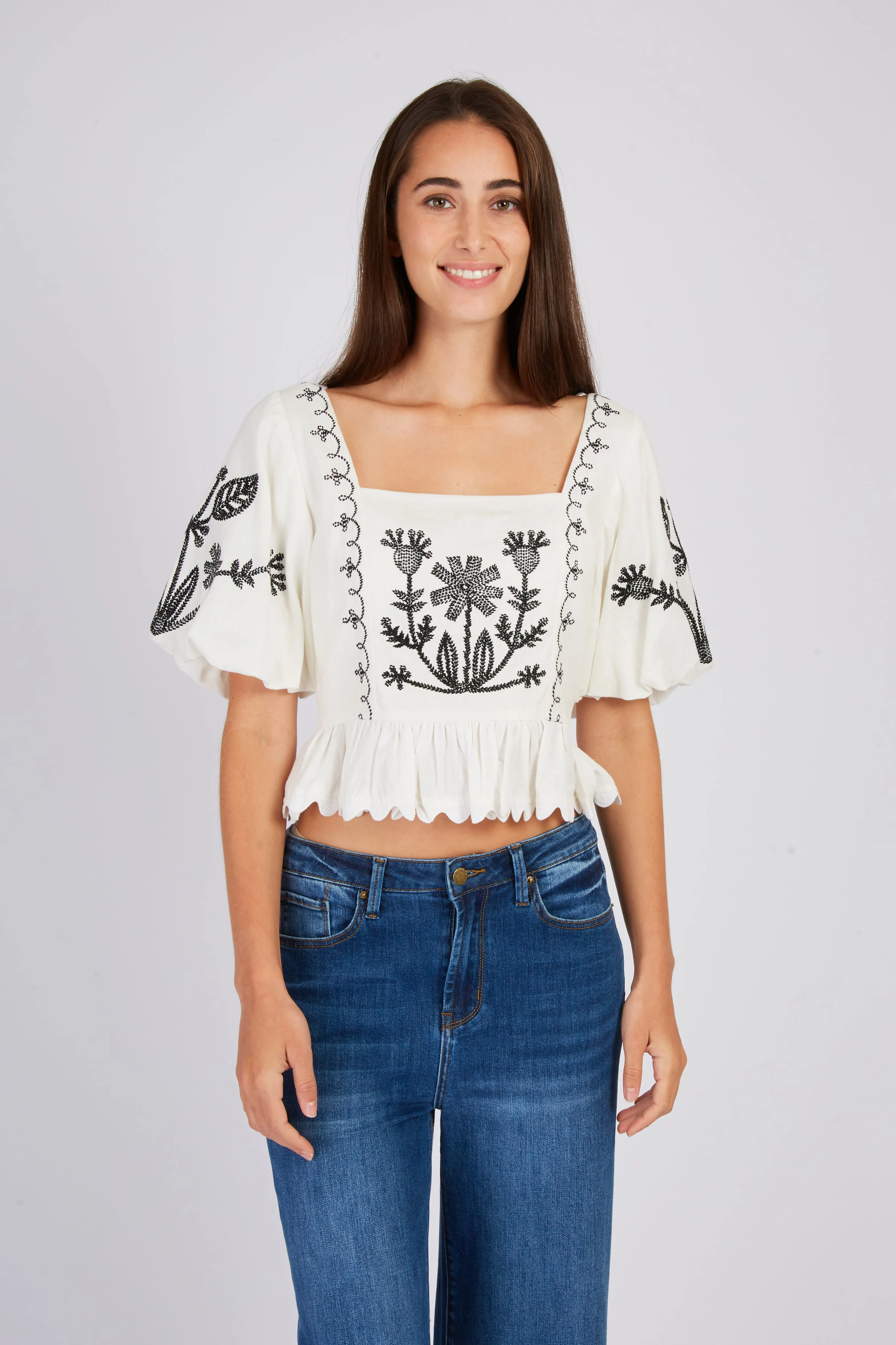 Dehry Short Sleeve Embroidered Boho Gypsy Top - White