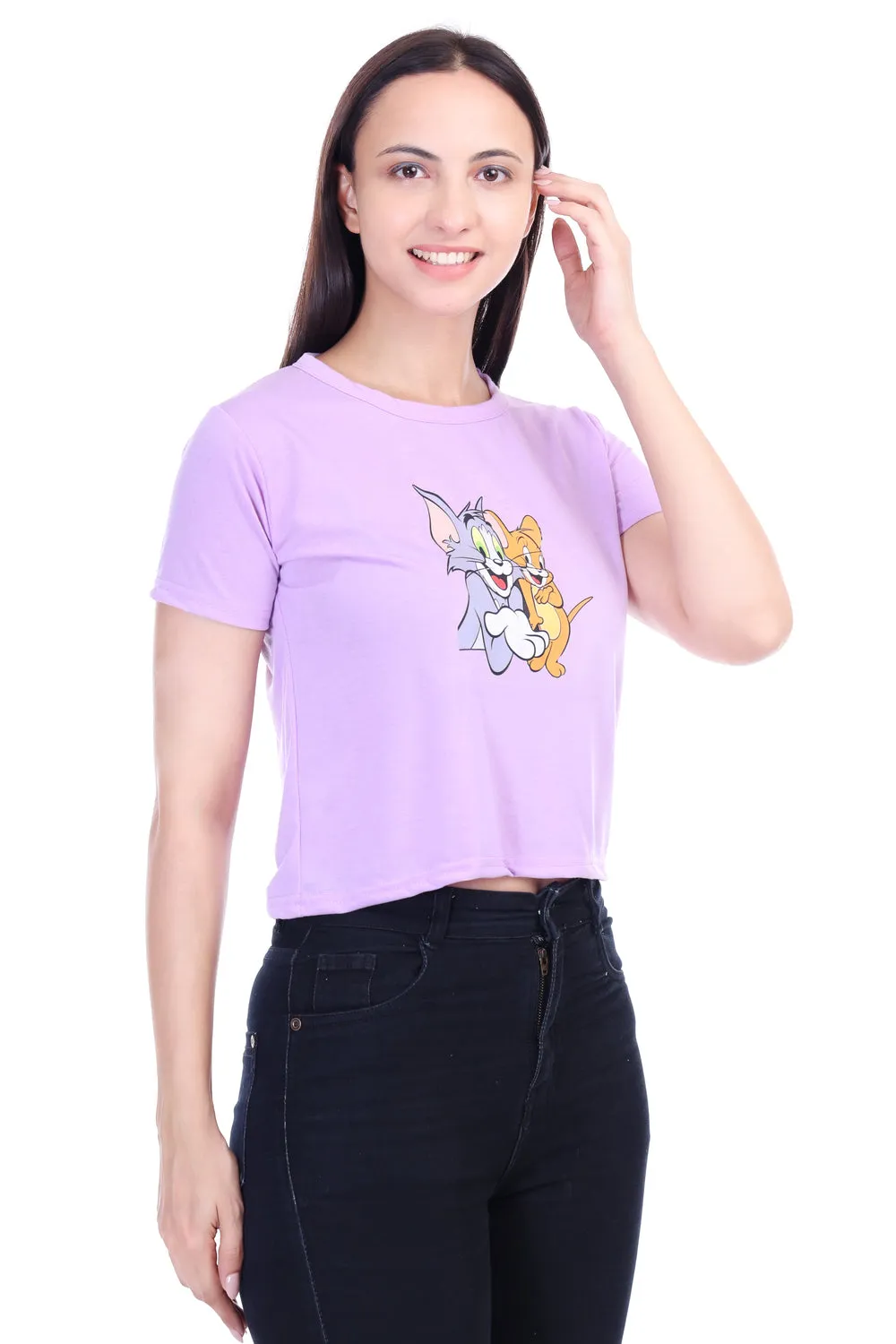 DK FASHION Women's  Women Solid Round Neck Pure Cotton lavender Tom Print T-Shirt