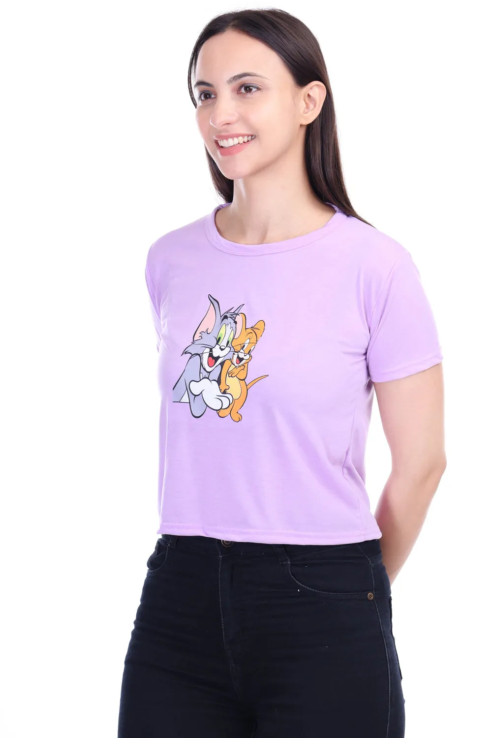 DK FASHION Women's  Women Solid Round Neck Pure Cotton lavender Tom Print T-Shirt