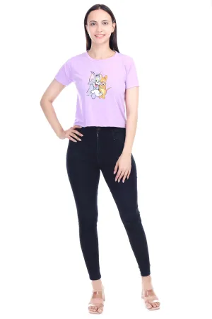 DK FASHION Women's  Women Solid Round Neck Pure Cotton lavender Tom Print T-Shirt