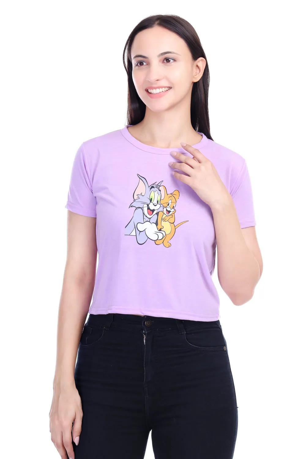 DK FASHION Women's  Women Solid Round Neck Pure Cotton lavender Tom Print T-Shirt
