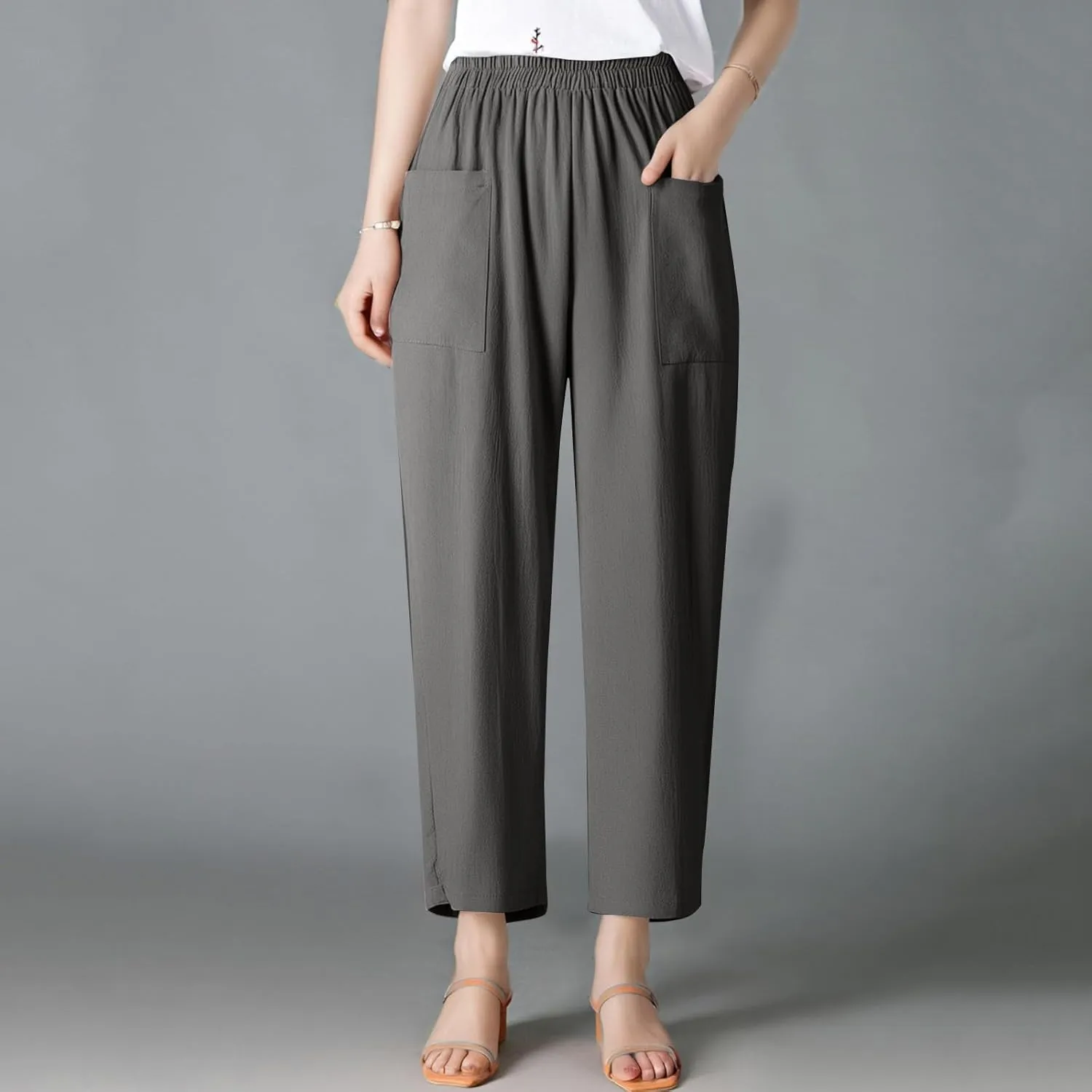 Dressy Palazzo Pants for Women Flowy Linen Pants Elastic High Waist Summer Work Pant Trouser Lounge Pant with Pocket