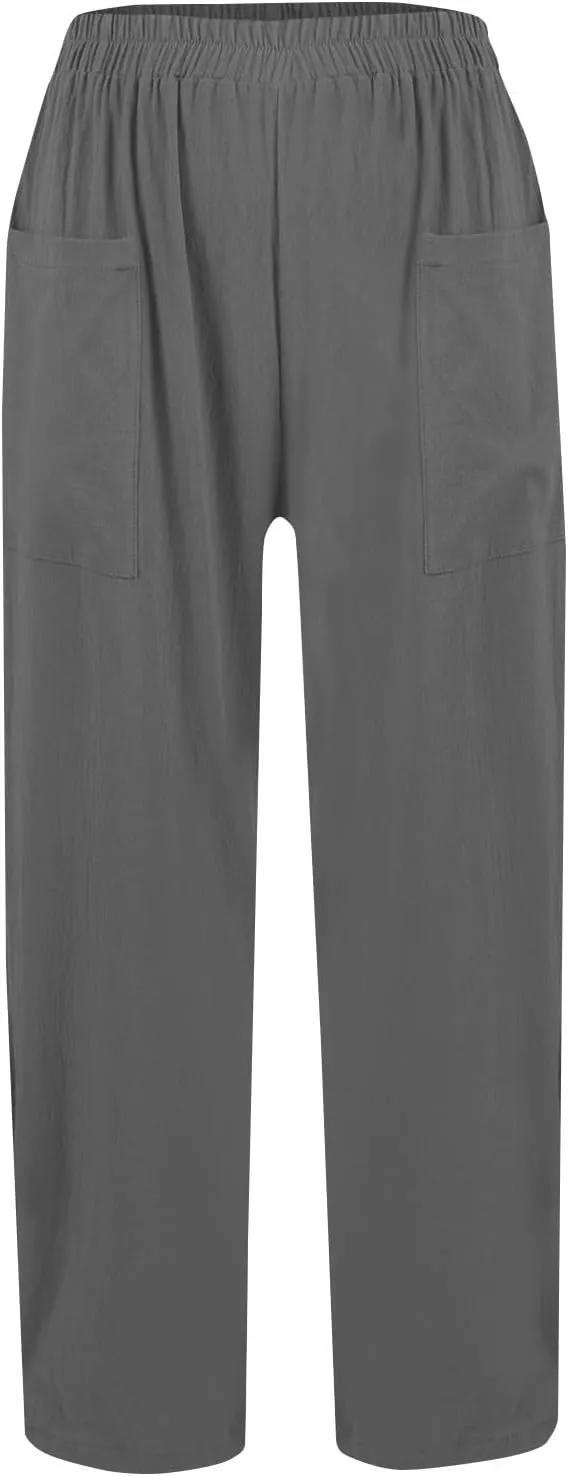 Dressy Palazzo Pants for Women Flowy Linen Pants Elastic High Waist Summer Work Pant Trouser Lounge Pant with Pocket