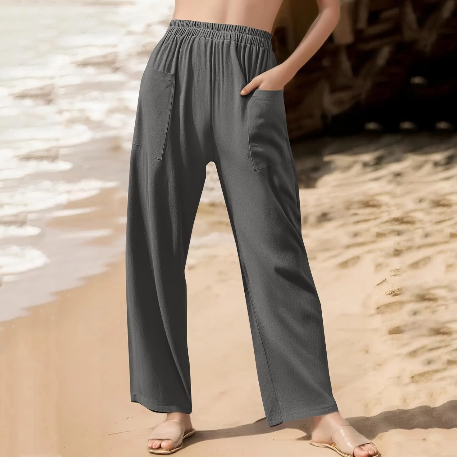 Dressy Palazzo Pants for Women Flowy Linen Pants Elastic High Waist Summer Work Pant Trouser Lounge Pant with Pocket