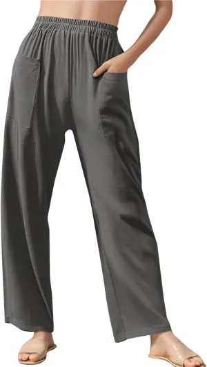 Dressy Palazzo Pants for Women Flowy Linen Pants Elastic High Waist Summer Work Pant Trouser Lounge Pant with Pocket