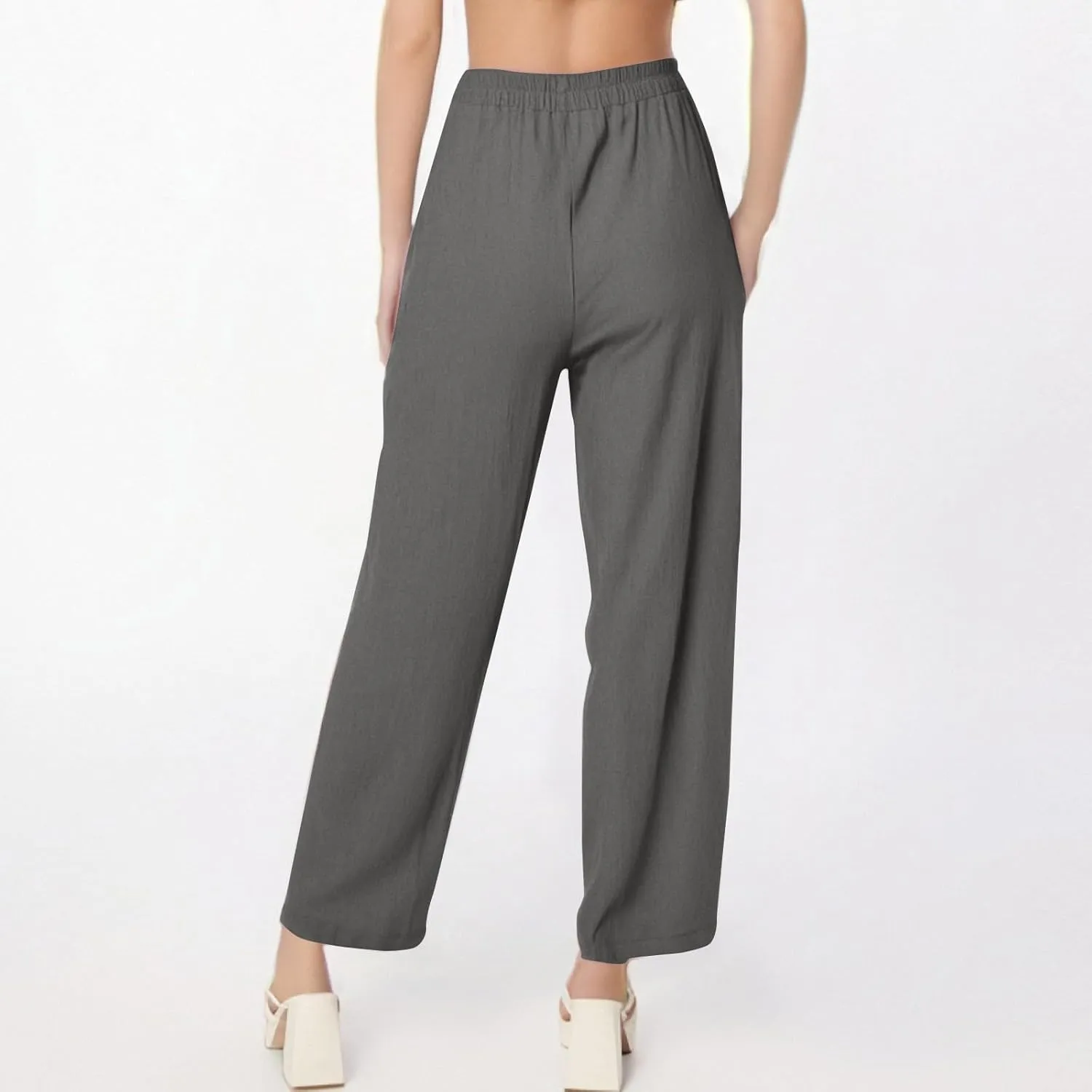 Dressy Palazzo Pants for Women Flowy Linen Pants Elastic High Waist Summer Work Pant Trouser Lounge Pant with Pocket