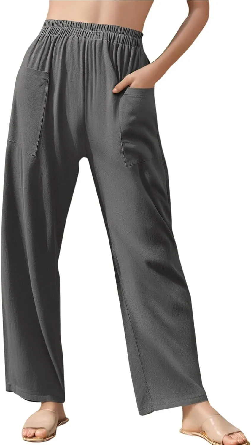 Dressy Palazzo Pants for Women Flowy Linen Pants Elastic High Waist Summer Work Pant Trouser Lounge Pant with Pocket