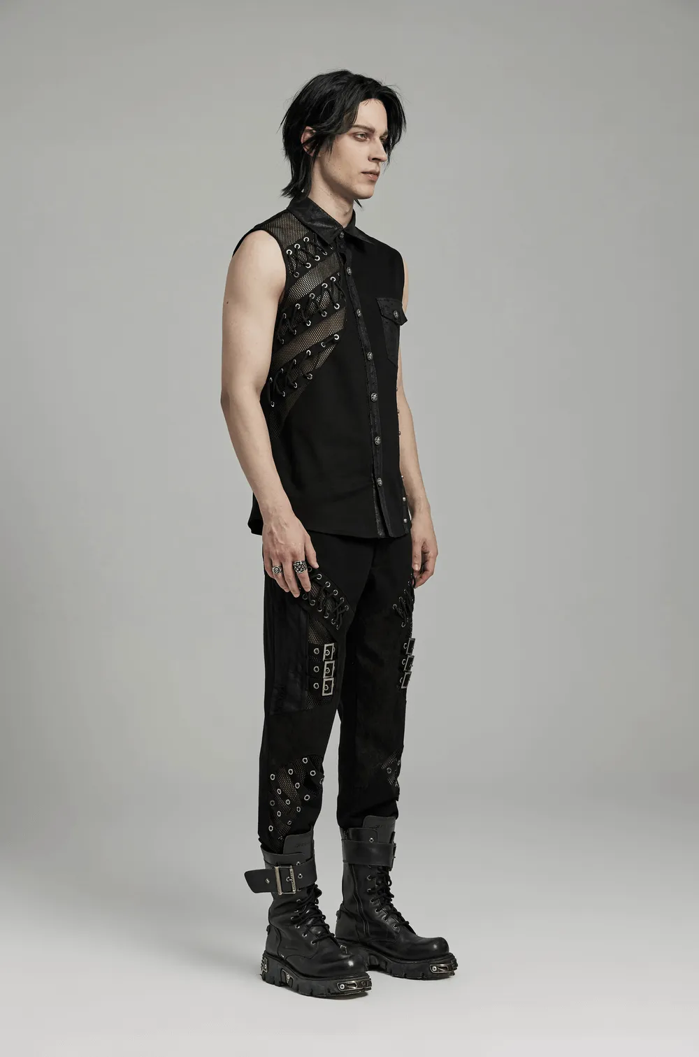 Edgy Punk Sleeveless Asymmetric Mesh Shirt for Men