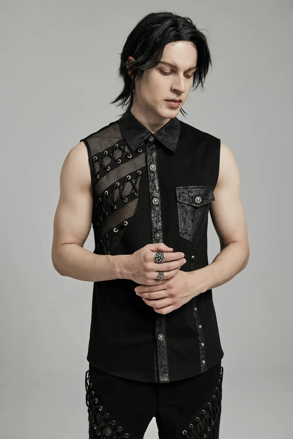 Edgy Punk Sleeveless Asymmetric Mesh Shirt for Men