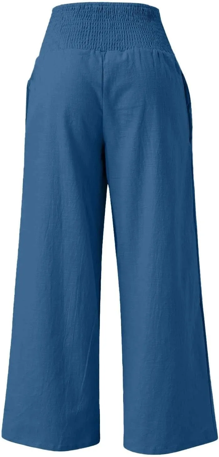 GOFULY Summer Linen Pants Women Wide Leg Cute High Rise Palazzo Pants Elastic Waist 2025 Beach Comfy Solid Clothes Pocket