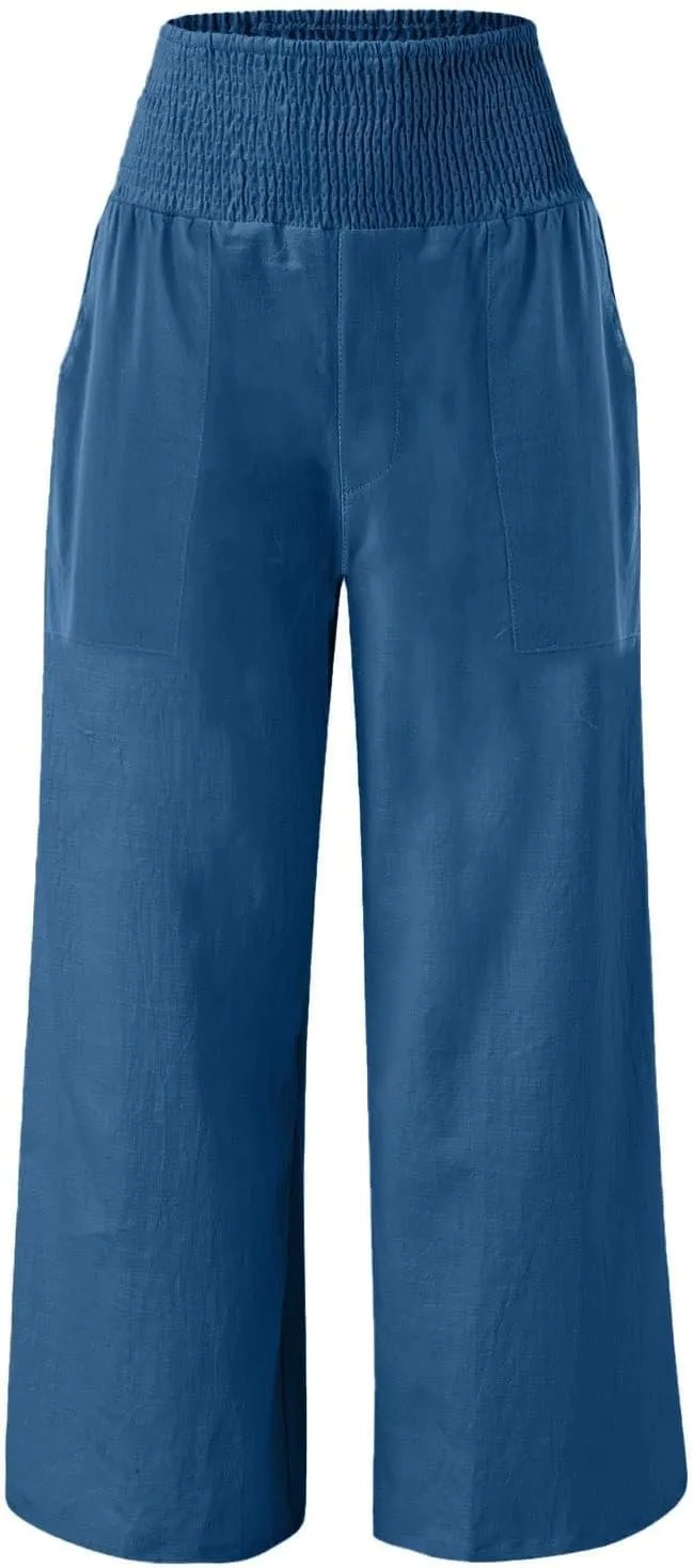 GOFULY Summer Linen Pants Women Wide Leg Cute High Rise Palazzo Pants Elastic Waist 2025 Beach Comfy Solid Clothes Pocket