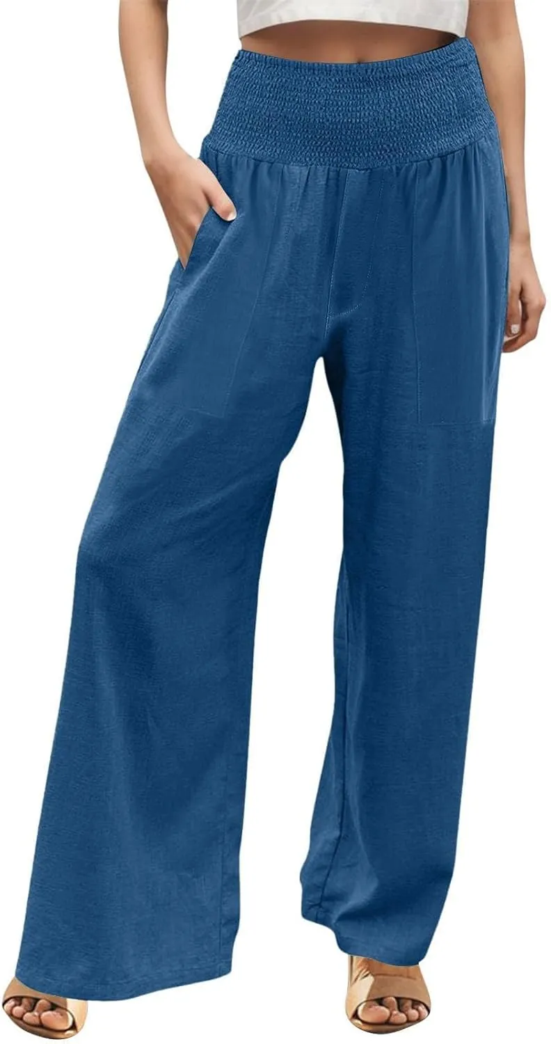 GOFULY Summer Linen Pants Women Wide Leg Cute High Rise Palazzo Pants Elastic Waist 2025 Beach Comfy Solid Clothes Pocket