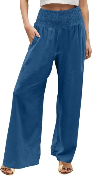 GOFULY Summer Linen Pants Women Wide Leg Cute High Rise Palazzo Pants Elastic Waist 2025 Beach Comfy Solid Clothes Pocket