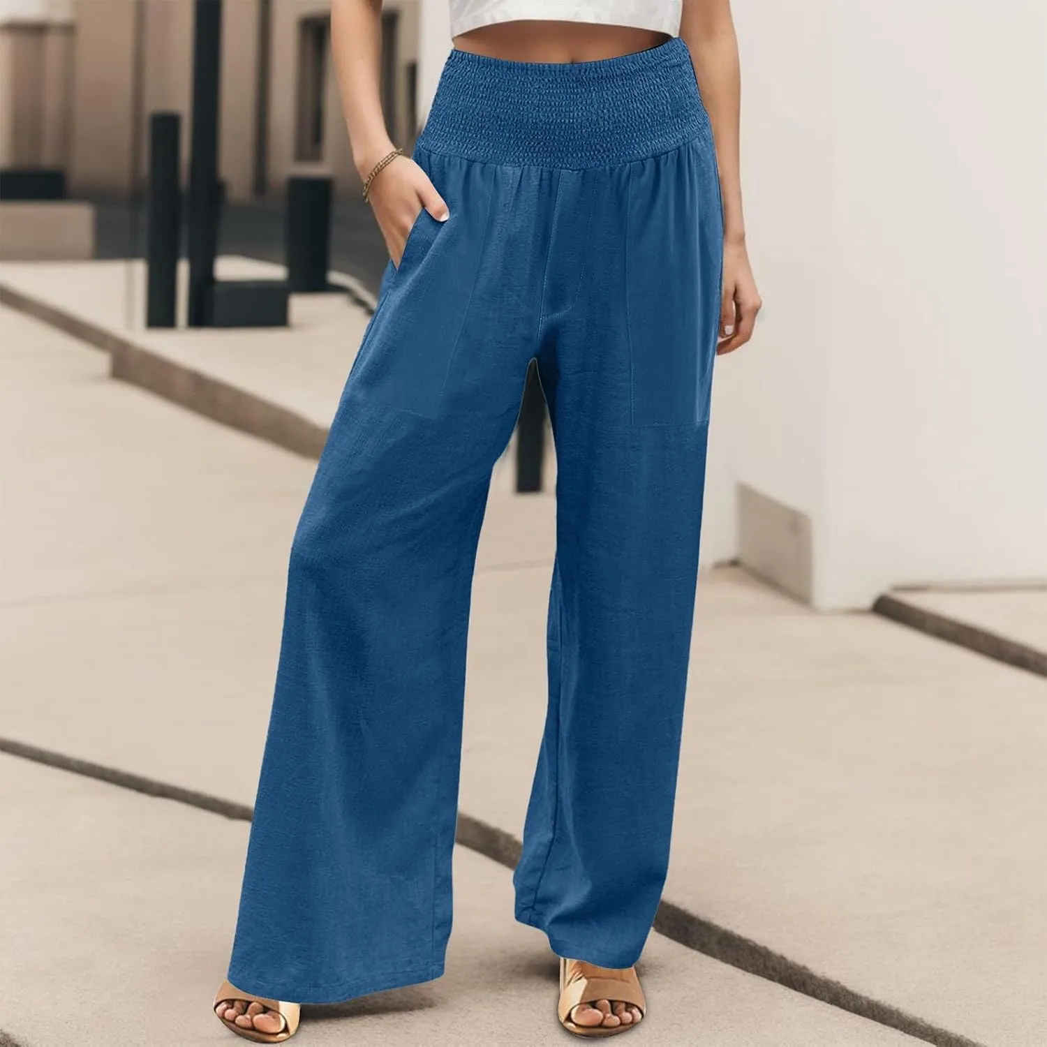 GOFULY Summer Linen Pants Women Wide Leg Cute High Rise Palazzo Pants Elastic Waist 2025 Beach Comfy Solid Clothes Pocket