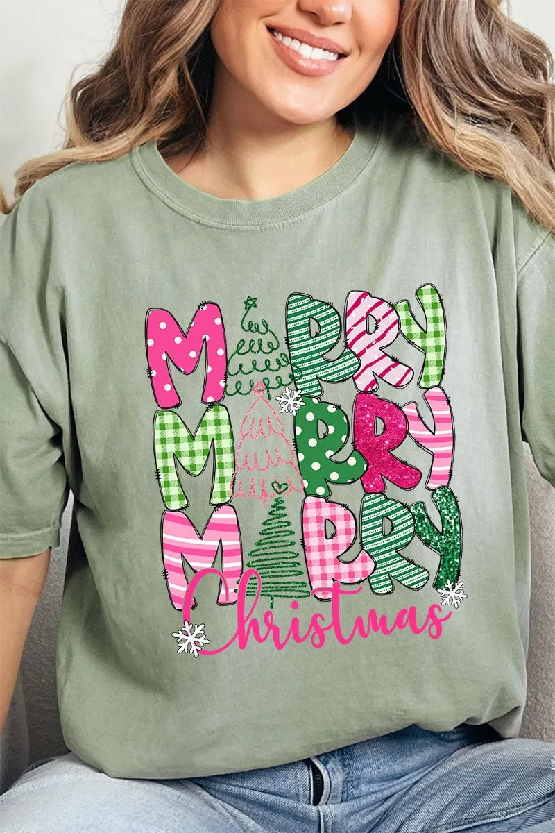 Green And Pink Merry Christmas Comfort Colors Adult Ring-Spun Cotton Tee
