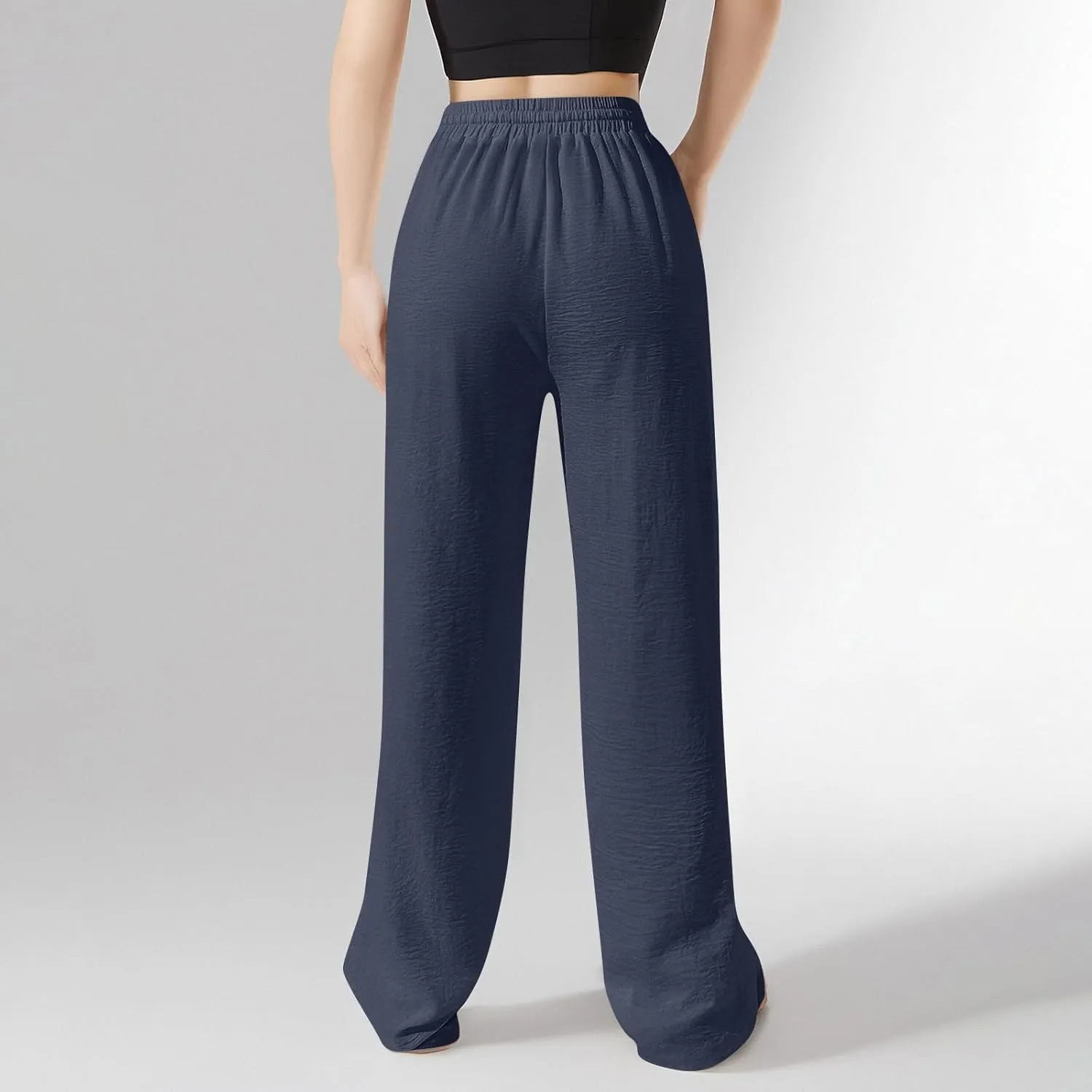 Ladies Linen Pants Summer Drawstring High Waist Wide Leg Pants Casual Palazzo Pant Fashion Trouser with Pockets