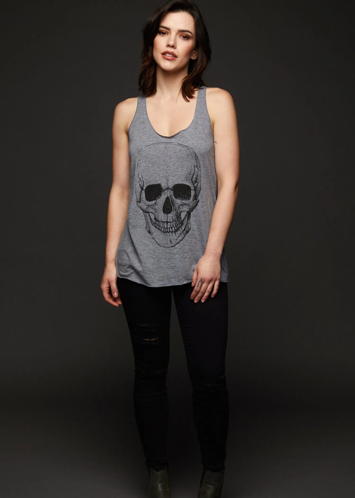 Lets Get Rocked Heather Grey Skull Loose Fit Tank Top