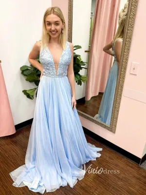 Light Blue Chiffon Prom Dresses Plunging V-Neck FD2713