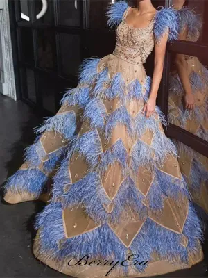 Light Blue Feathers Organza Prom Dresses, Luxury Beaded Prom Dresses, Prom Dresses