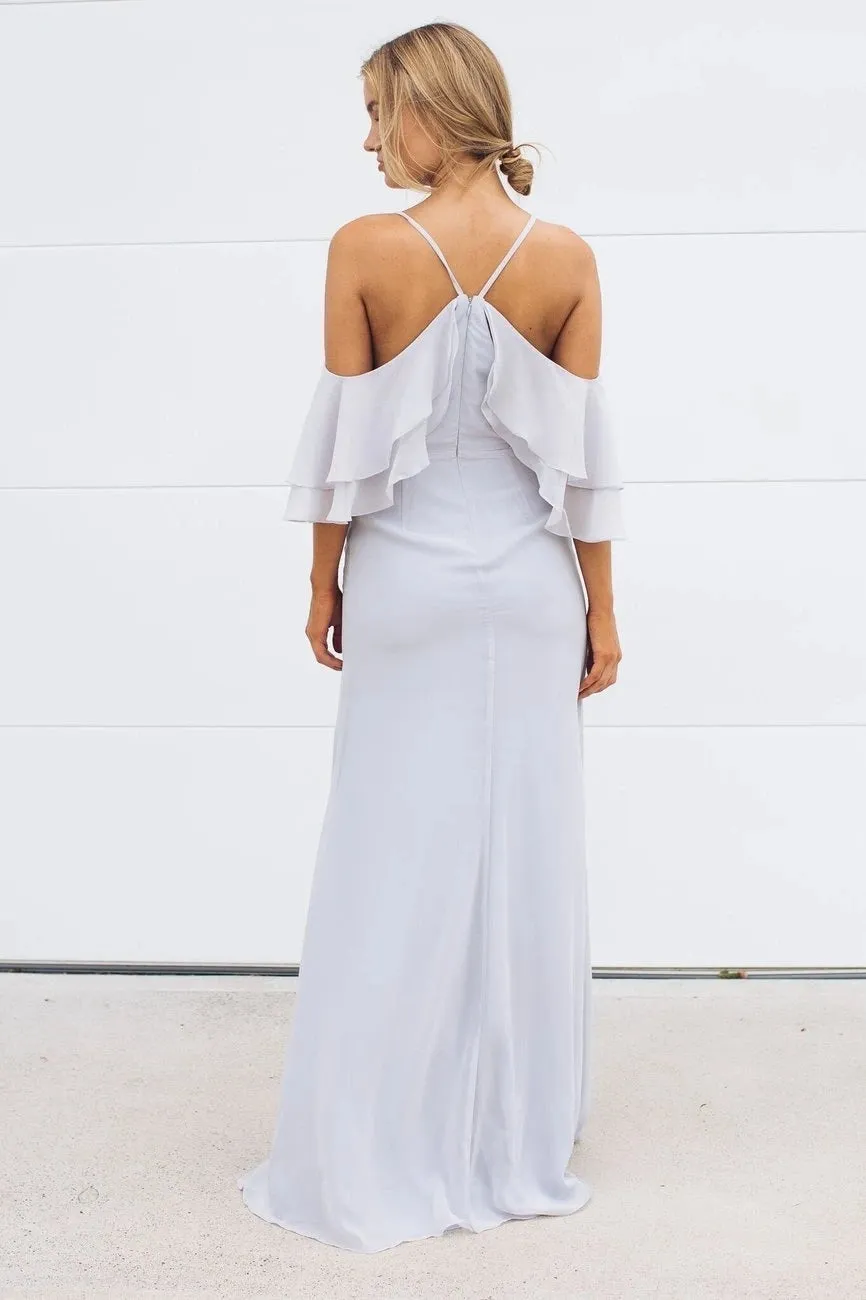 Light Blue Side Slit Off Shoulder Bridesmaid Dresses, Popular Bridesmaid Dresses Pale Blue Chiffon Bridesmaid Dresses