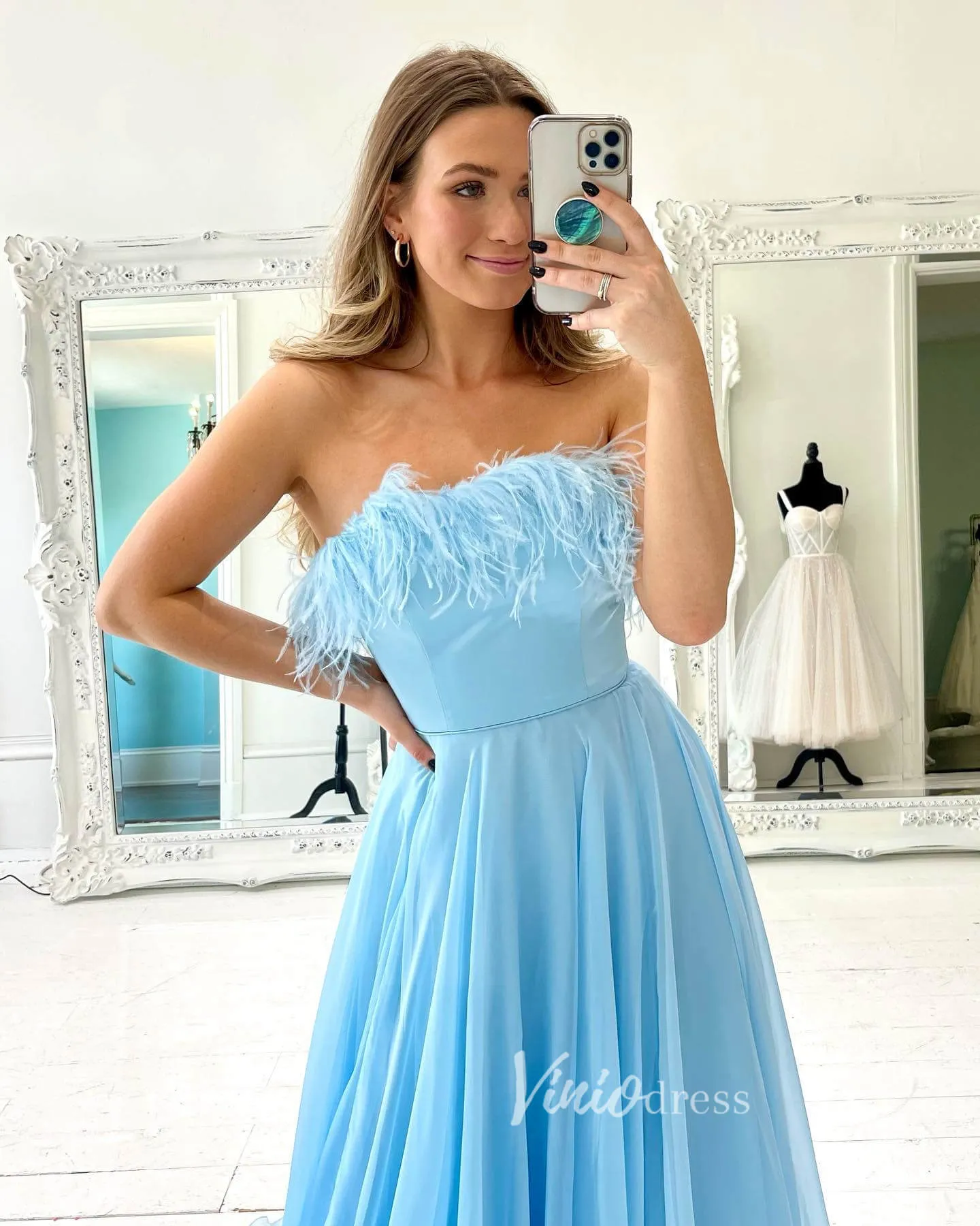 Light Blue Strapless Prom Dresses Feathers Evening Dress FD3134
