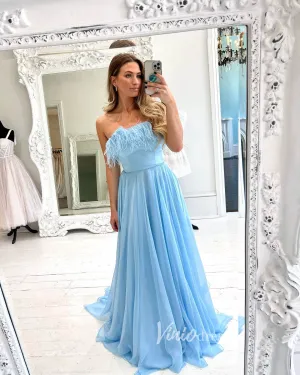 Light Blue Strapless Prom Dresses Feathers Evening Dress FD3134